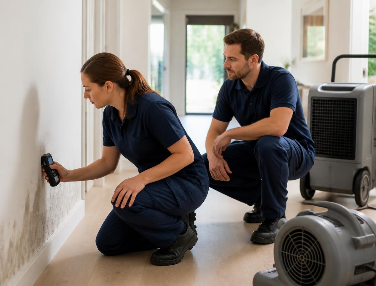 Two restoration technicians checking wall moisture readings in a bright home hallway